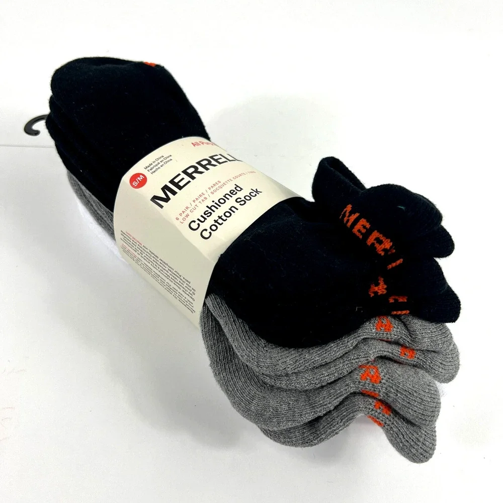 NEW Merrell Men Cushioned Low Cut Tab Socks 6 Pairs Breathable Black Gray White